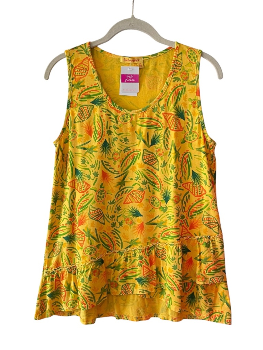 Fresh Produce Tank Top Tunic Womens S Yellow Cotton Ruffle Round Neck Beach NWT